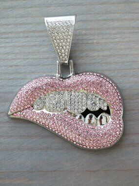 Lips Ice Style with Pink/Clear Rhinestones Pendant Silver Plated